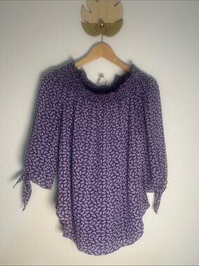 Michael Kors Purple Floral Smocked Neck Women's Blouse
